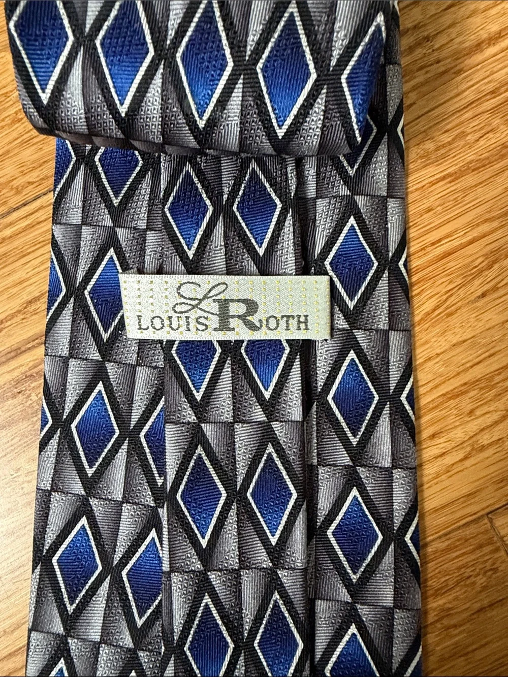 (6t) Louis Roth 100% Silk Handmade Blue Gray Geometric Diamond Men’s Necktie